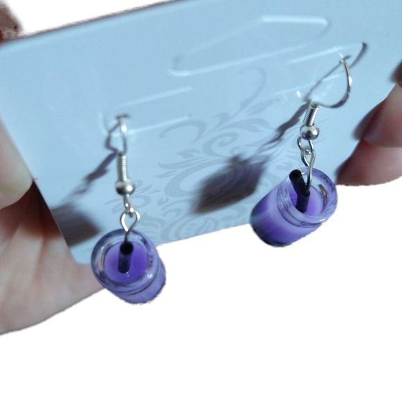 Purple Boba Tea Drink Jar Hypoallergenic Silver Fishhook Earrings Bubble… - Picture 4 of 6
